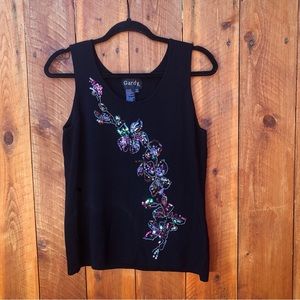 Gardy Black Tank Top with Floral Sequin & Bead Design - XL